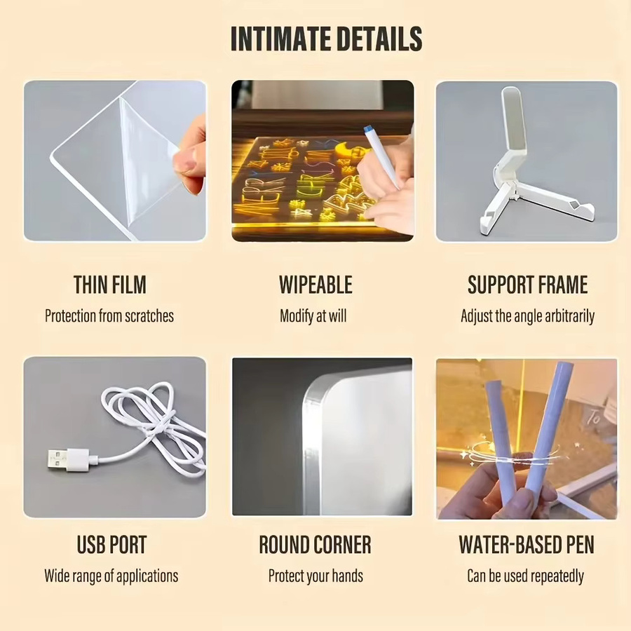 LED-Notizblock-Tafel aus Acryl mit Nachtlicht-Funktion, bunt, inklusive 7 Stiften für DIY-Zeichnungen und Malereien - Bild 5