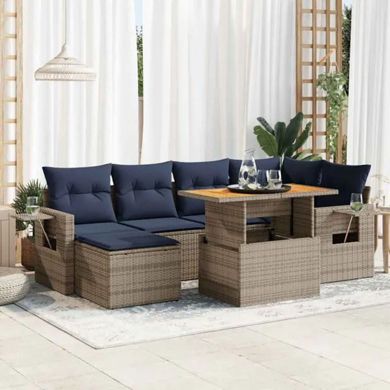 7-teilige Garten-Sofagarnitur aus Poly-Rattan mit Kissen in Grau von vidaxl - Bild 1