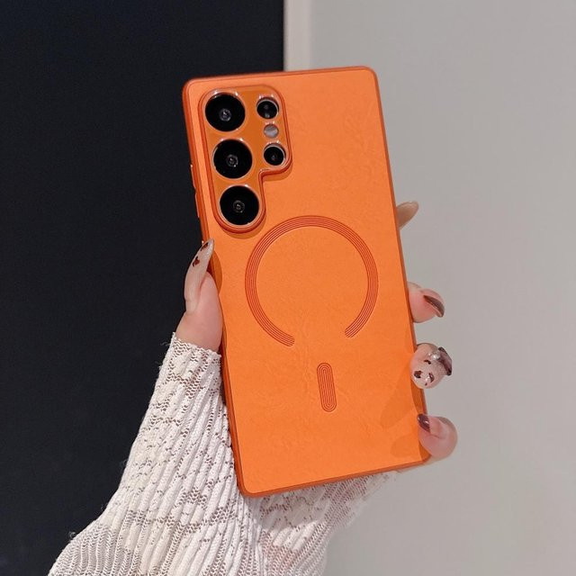 Magnetische Leder Handyhülle für Samsung Galaxy S25 Ultra, S24, S25 Plus Ultra und S24+ in Orange mit Stoßschutz und Linsenschutz - Bild 1