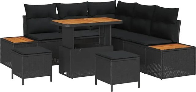 vidaXL Garten-Sofa-Set 8-teilig mit Kissen aus Poly Rattan und Akazienholz in Schwarz - Bild 1