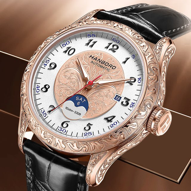 HANBORO Armbanduhr Automatik, Roségold, Leder, Herren, Datum, 10 ATM - Bild 1
