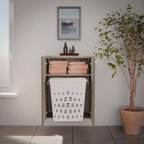 FACKELMANN Doppel-Midischrank B.Style in Nature-Oak/Weiss mit 2 Türen und Wäschekorb, B/T/H: 60,2 x 32,0 x 82,6 cm - Bild 2