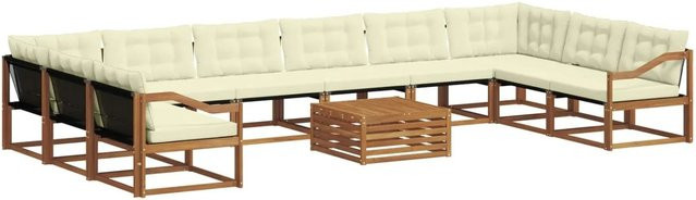 vidaXL Outdoor-Sofagarnitur 11-teilig in U-Form aus Akazienholz mit Textilene und Kissen in Natur und Creme - Bild 1