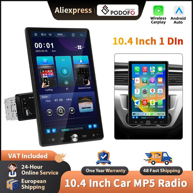 Podofo 10,4 Zoll 1 Din Wireless CarPlay Autoradio mit drehbarem Bildschirm, Android Auto, MP5-Multimedia-Player, Mirrorlink und Bluetooth in Schwarz - Bild 1