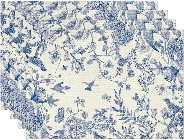 VIKAMA 4er-Set Tischsets im Retro-Stil mit blau-weißem Blumen- und Vogelmuster - Bild 1