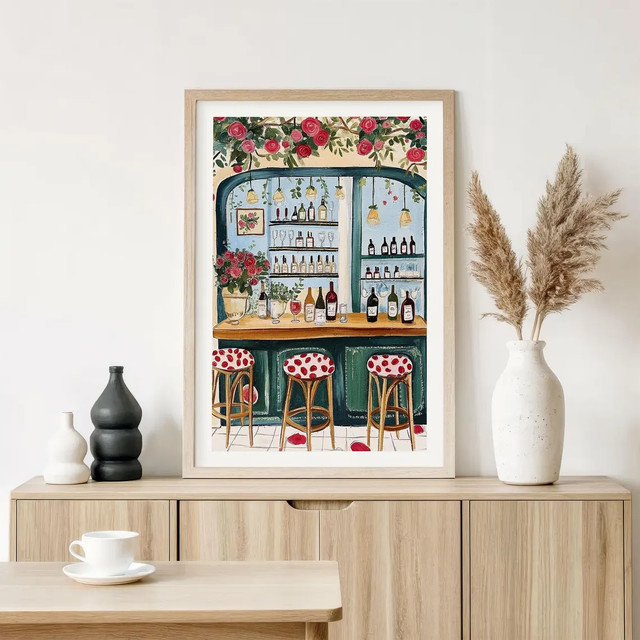 Gemälde Weinbar und französischer Pub als Kunstdruck von SHENCHEN, Mehrfarbiges Wandbild für Esszimmer und Küche, Rechteckiges Poster mit Café-Szene - Bild 1