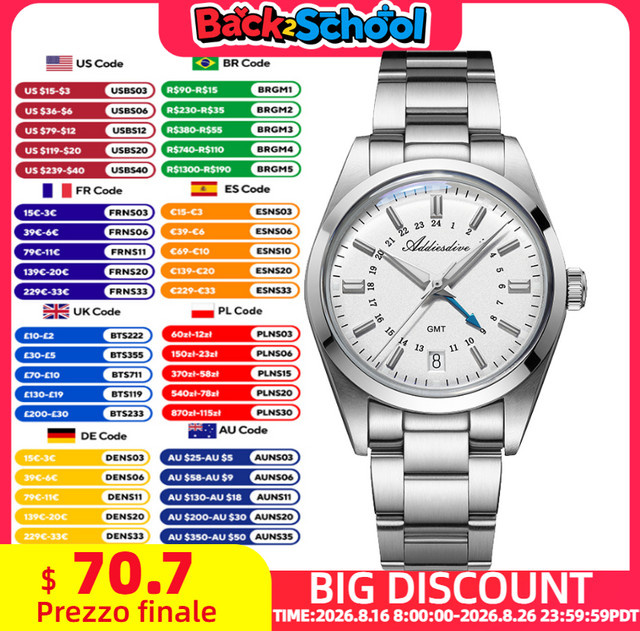 ADDIESDIVE Quarz-Armbanduhr, Edelstahl, Silber, Herren - Bild 1