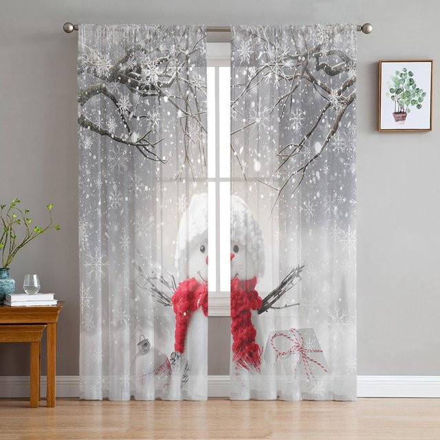 Transparente Weihnachts-Tüllvorhänge von Your Warm Home mit Winter-Schneeszene und Schneemann, Farbe: Weiß, B: 135 cm, H: 114 cm - Bild 1