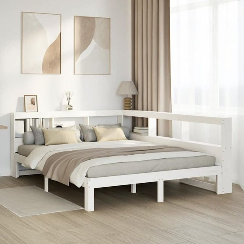 Massivholzbett Vidaxl aus Kiefer mit Regal in Weiß, B/T/H: 140 x 200 cm - Bild 1