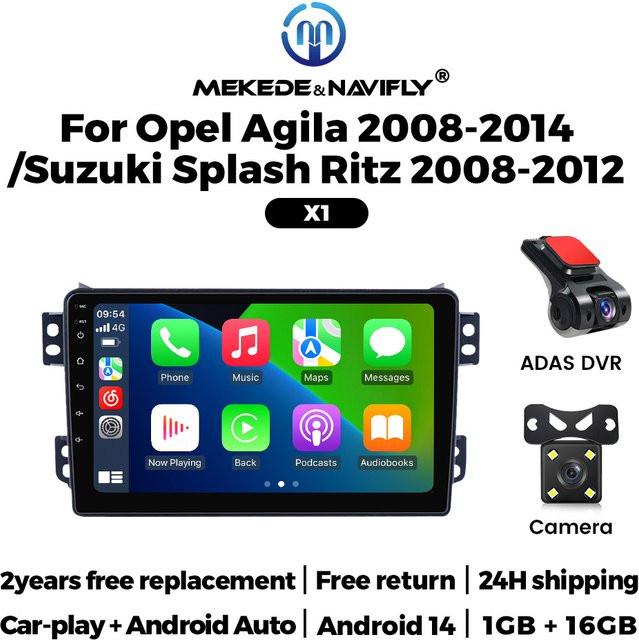 NaviTree Android 14 Auto Radio mit 9 Zoll Display für Opel Agila und Suzuki Splash oder Ritz (2008-2014), CarPlay, GPS, WiFi, Bluetooth, Schwarz - Bild 1