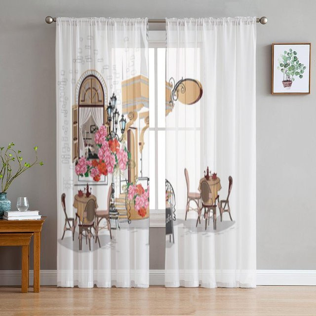 Transparenter Voile-Tüll-Vorhang mit Stadtansicht und Blumen von A Family Of Home Textiles in Weiß, Breite: 135 cm, Höhe: 114 cm - Bild 1