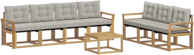 vidaXL Outdoor-Sofagarnitur 8-teilig aus Akazienholz und Textilene in Weiß-Hellgrau mit Kissen und Tisch - Bild 1