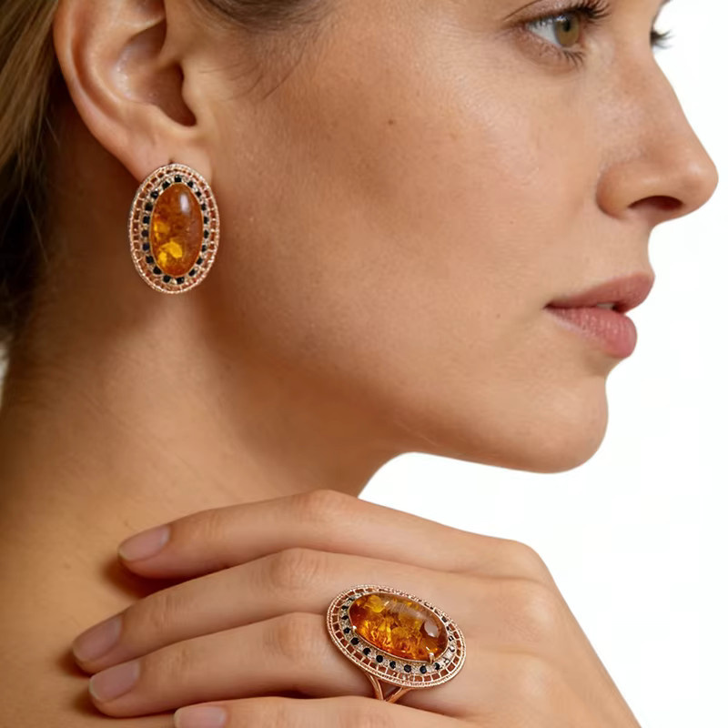 Kinel Schmuck-Set, Bernstein, Zirkonia, 585 Gold, Roségold, Damen - Bild 3
