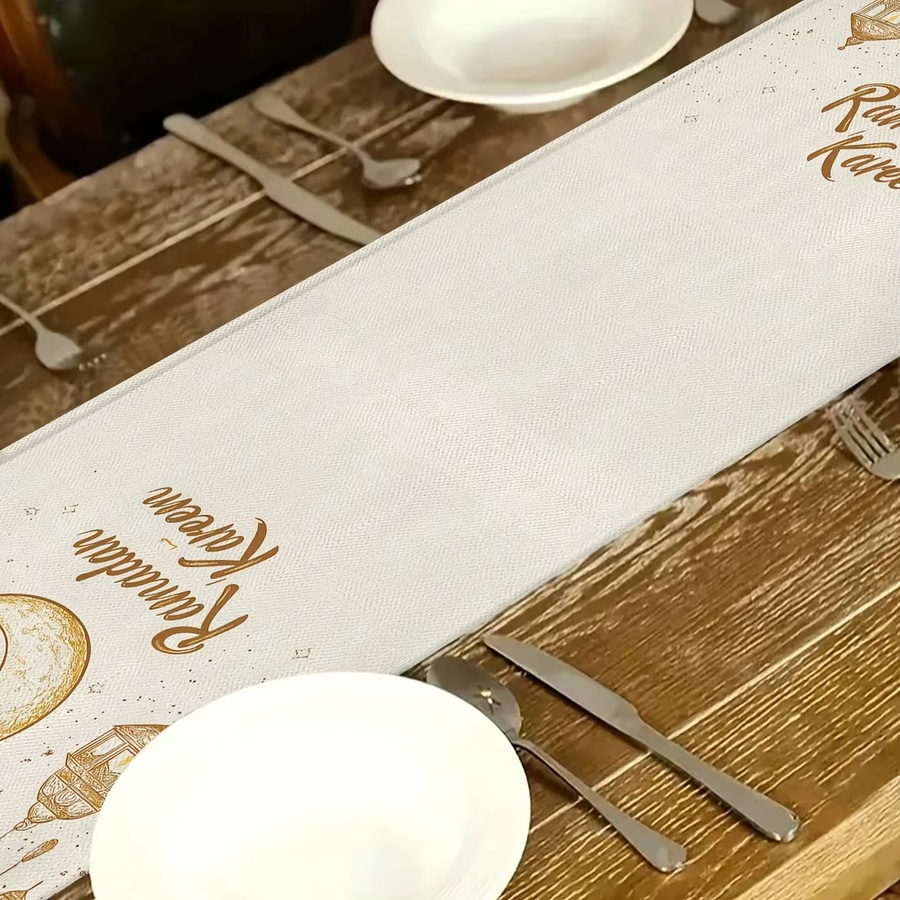 VIKAMA Ramadan Tischläufer mit Goldstern- und Mondmuster aus Leinen, Orientalisches Design, Breite: 33 cm, Länge: 90 cm - Bild 5