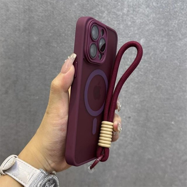 MagSafe Handyhülle mit Kontrast-Lanyard und Handgelenkschlaufe für iPhone 11 bis iPhone 17 Pro Max, matt und transparent, Farbe: Rot - Bild 1