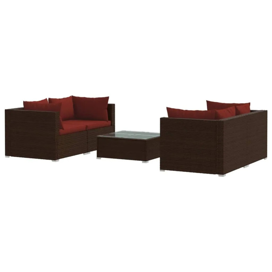 vidaXL 5-tlg Garten-Lounge-Set in L-Form mit Kissen, braun und rot, Poly Rattan und Metallrahmen - Bild 2