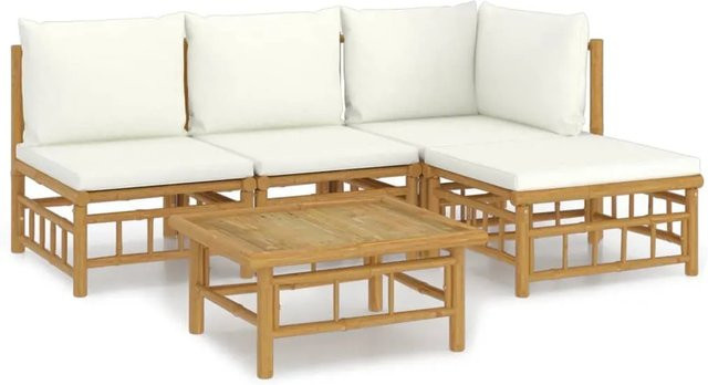 vidaXL 5-tlg Garten-Lounge-Set aus geöltem Bambus mit cremeweißen Polyesterkissen in Braun - Bild 1