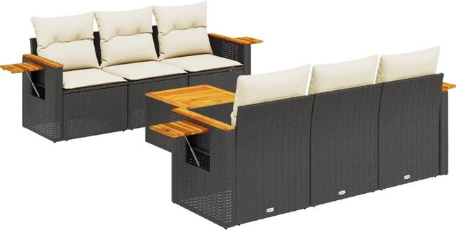 vidaXL 7-teilige Garten-Sofagarnitur aus Poly-Rattan und Akazienholz in Schwarz mit Kissen und Tisch - Bild 1
