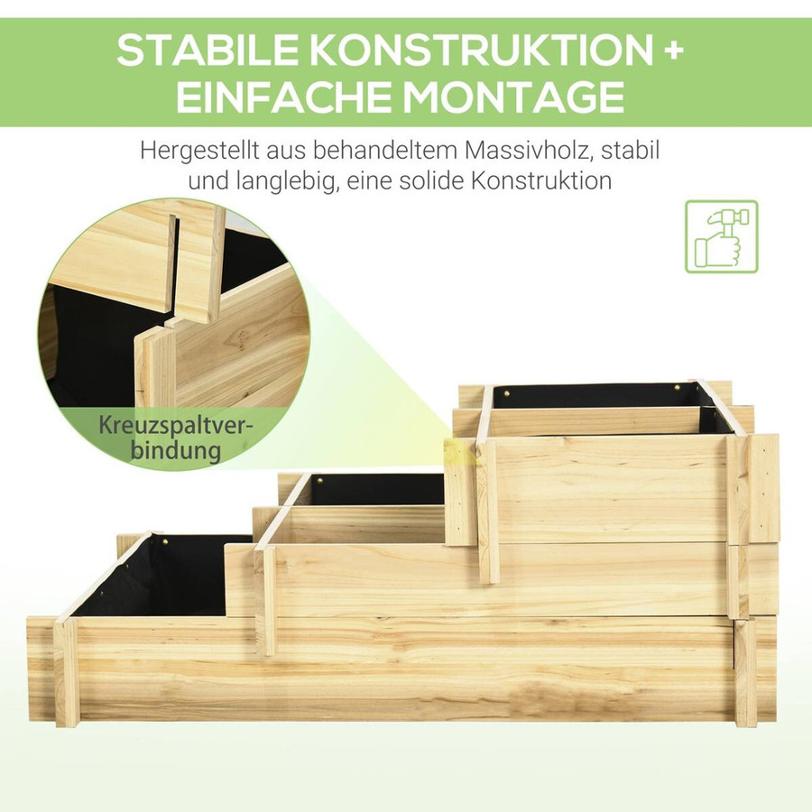 Outsunny 3-stufiges Hochbeet aus Tannenholz in Natur, wetterfestes Stufenbeet mit Stoffauskleidung, B/T/H: 93 x 93 x 35 cm - Bild 5