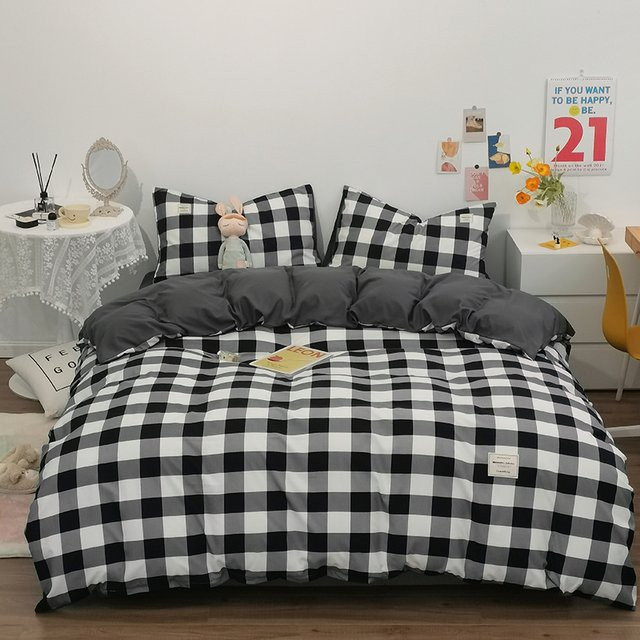 Dreamreal Bettwäsche-Set aus reiner Baumwolle mit karierten Streifen inklusive Bettbezug, Spannbettlaken und Kissenbezügen - Bild 1