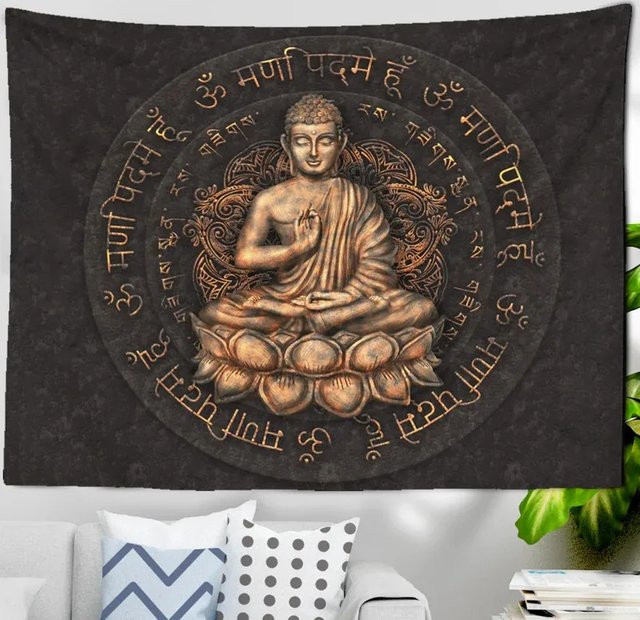 VIKAMA Buddha Om Mani Padme Hum Wandteppich mit Mandala-Motiv in Multicolour, B/H: 130 x 130 cm - Bild 1
