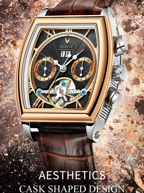 SKROX Armbanduhr Tonneau, Automatik, Edelstahl, Leder, Herren, Schwarz - Bild 1