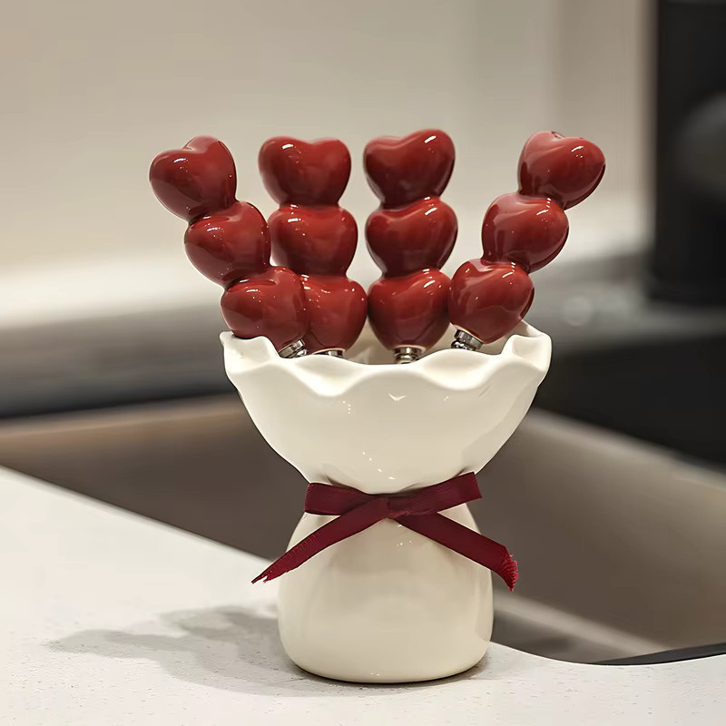 Kreatives Dessert-Set aus Keramik und Edelstahl mit Aufbewahrungsglas und kleinen Obstgabeln - Bild 1