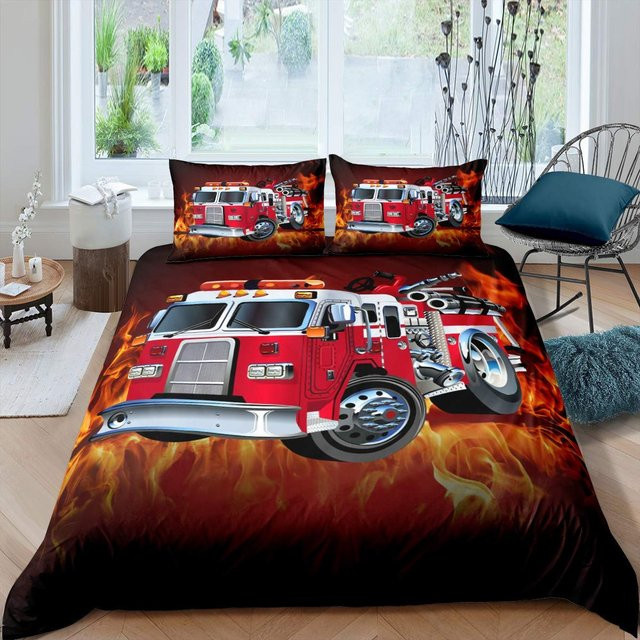 Bettwäsche-Set mit Feuerwehrauto-Muster für Kinder von Binchi Outdoor Product, Farbe Rot, King-Size, B/H: 264 x 228 cm - Bild 1