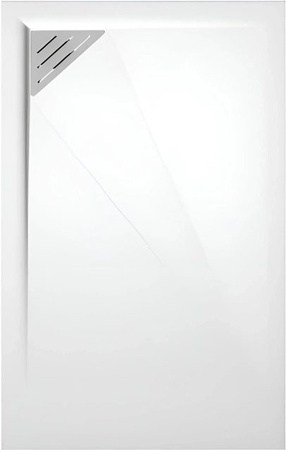 Mirlo Trinity Duschwanne aus Mineralguss Extra Flach in Weiß mit Chrom-Ablaufschutz und Linksbündigem Ablauf B: 160 cm, T: 80 cm