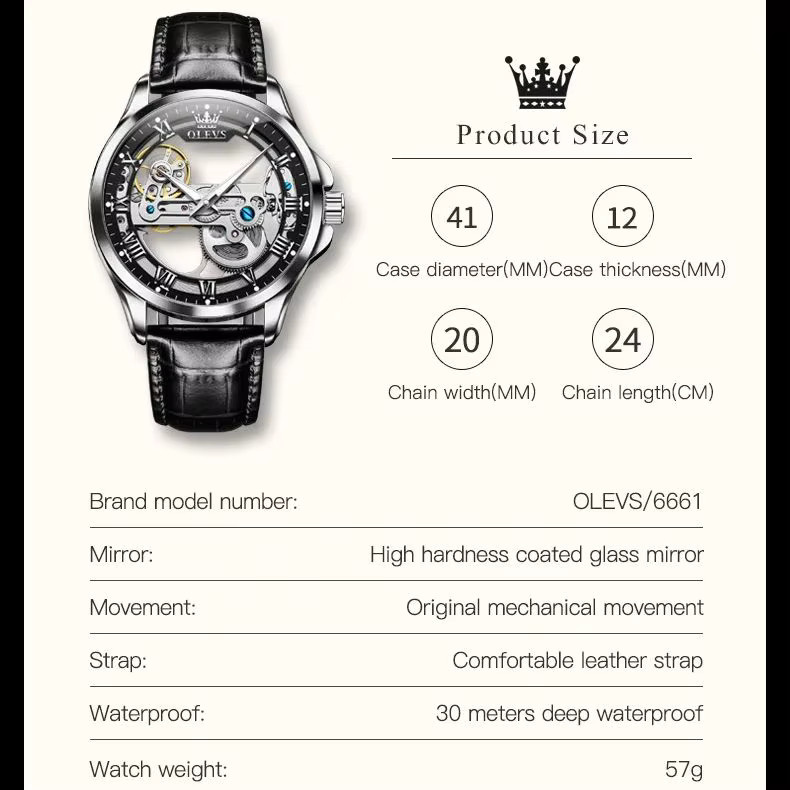 OLEVS Armbanduhr, Mechanisch, Leder, Herren, Silber Black - Bild 6