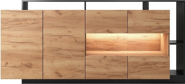 Sideboard Idesia Vente-unique in Anthrazitgrau und Naturfarben Hell mit integrierter Beleuchtung, Breite: 200 cm - Bild 1