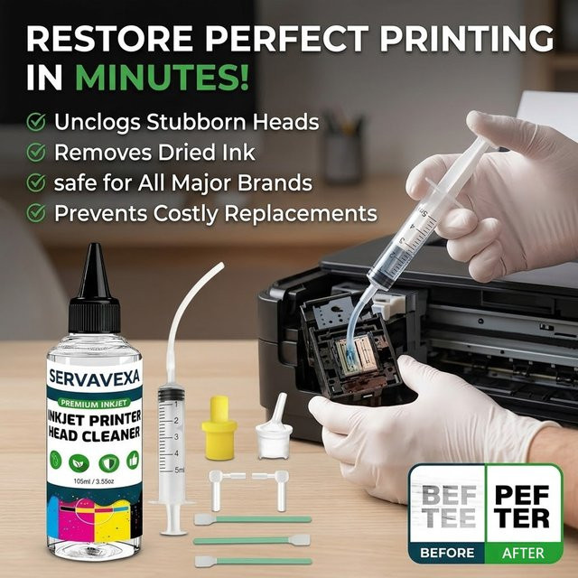 SERVAVEXA Tintenstrahl-Druckkopf-Reinigungsset mit 105 ml Lösung zur Reinigung von Druckdüsen für Epson, HP, Canon, Brother und Lexmark - Bild 1