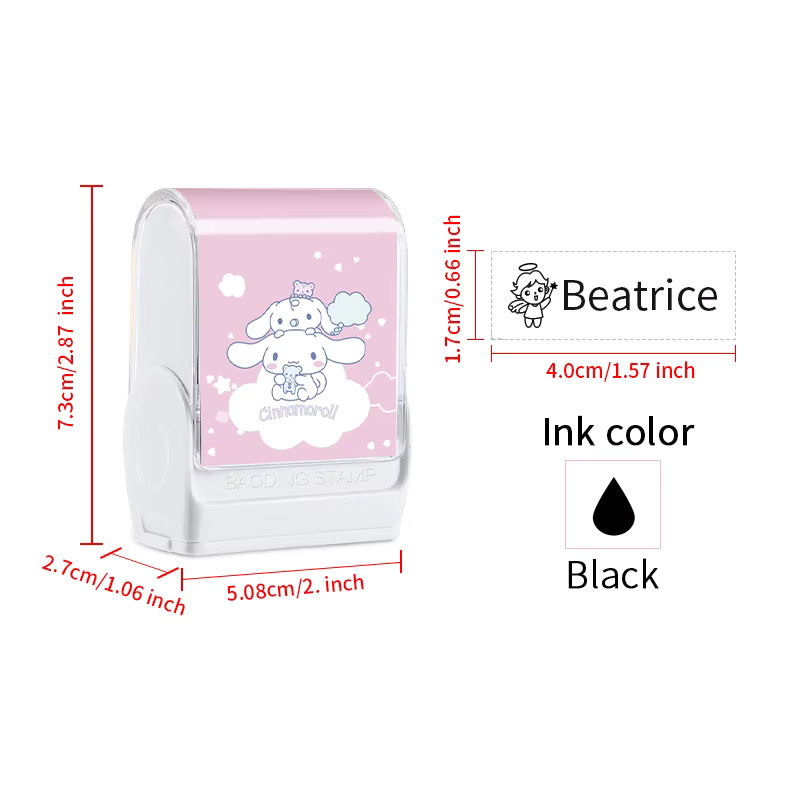 Personalisierter Namensstempel von Joytop mit Cinnamoroll-Design in Pink und waschbarer Tinte - Bild 2