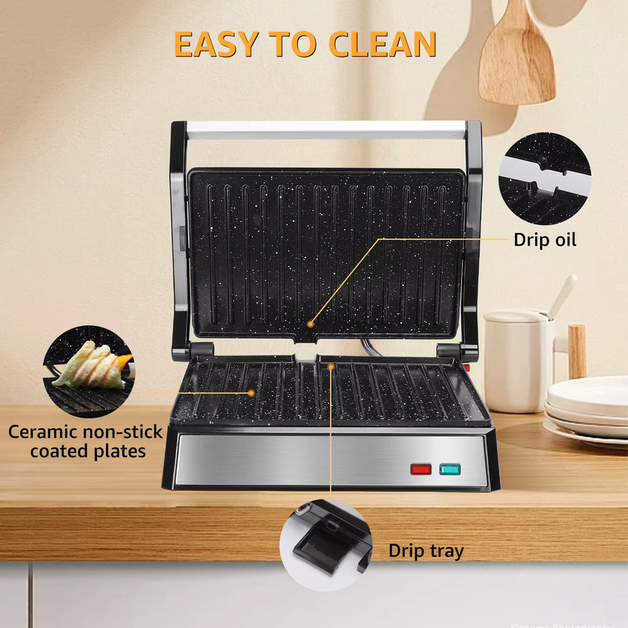 Aigostar Kontaktgrill in Schwarz mit Edelstahl-Design, 1500W Panini Grill und Sandwichmaker mit Antihaftbeschichtung und abnehmbarer Ölsammelbox - Bild 4