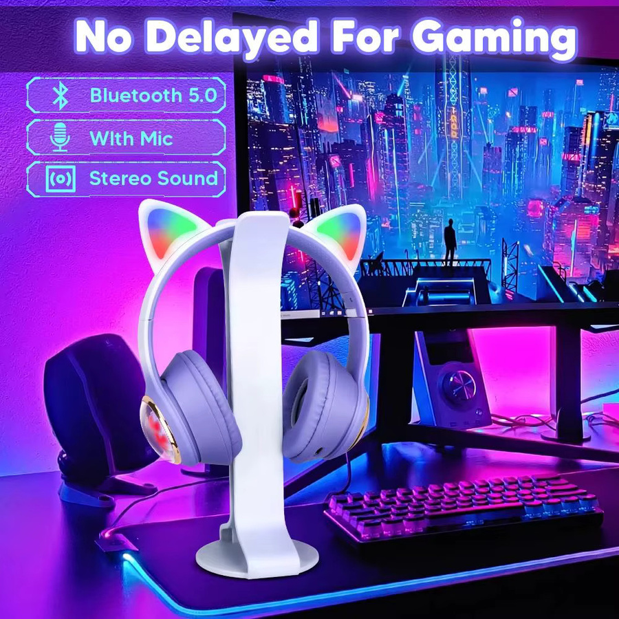 QearFun RGB Katzenohren Bluetooth Gaming Headset für Mädchen mit leuchtenden Katzenkrallen, Stereo Kopfhörer, Schwarz/Lila - Bild 2