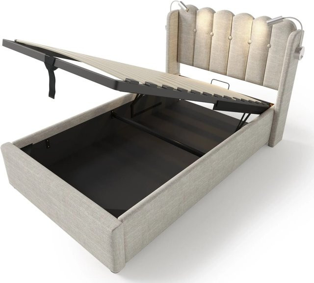 okwish Polsterbett Beige mit integriertem Leselicht, USB-Anschluss und Stauraum inklusive Matratze B/T/H: 90 x 200 x 103 cm - Bild 1