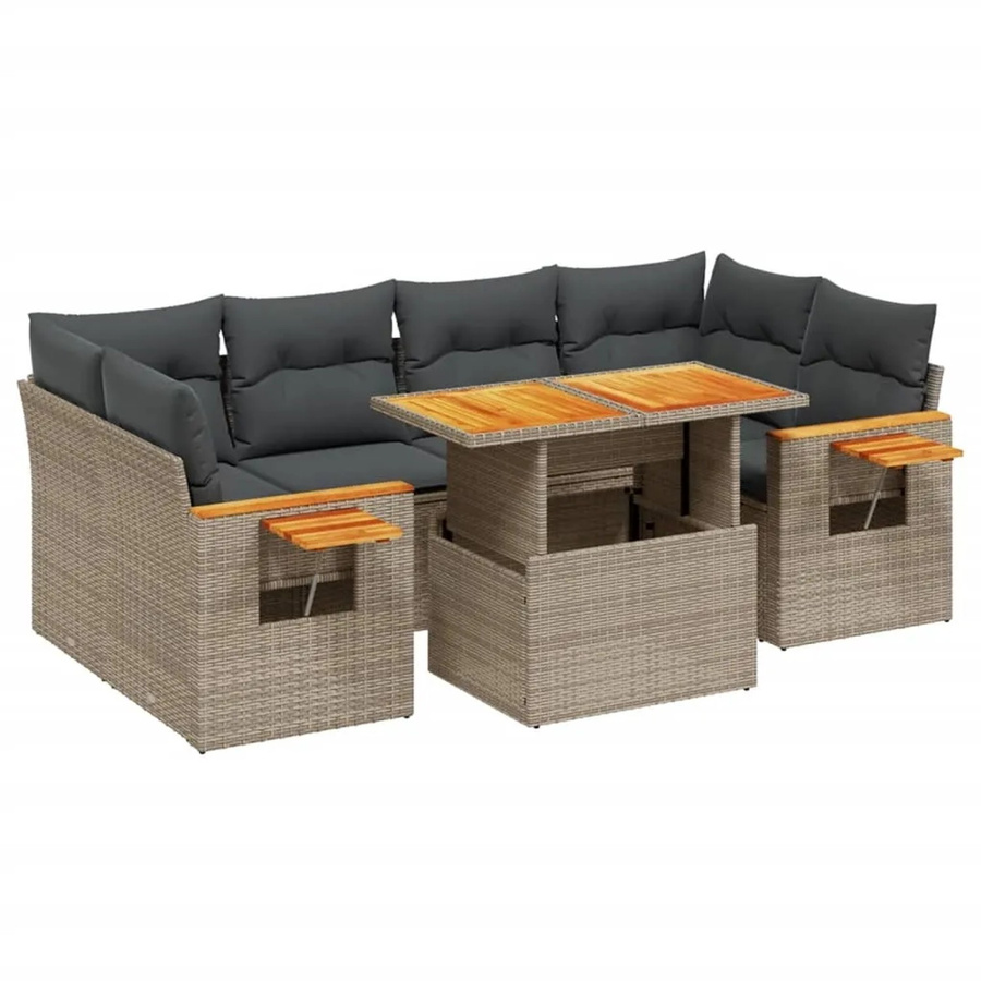 vidaXL 7-teilige Garten-Sofagarnitur in L-Form aus grauem Poly-Rattan mit Kissen und Akazienholz - Bild 2