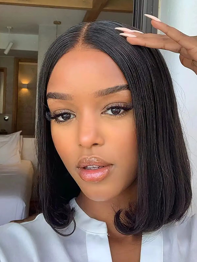 Dula A Hair Kurzer Bob Glattes Brasilianisches Remy-Echthaar Vollspitzenperücke für Damen - Bild 3