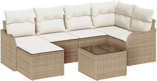 vidaXL Garten-Sofa-Set aus Poly-Rattan mit 7 Teilen und Kissen in Beige und Weiß - Bild 1