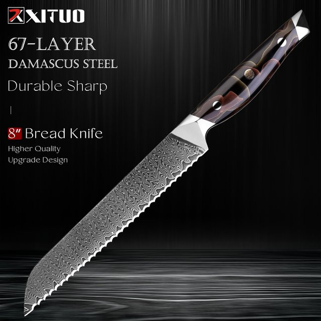 Xituo Brotmesser aus Damaststahl mit gezahnter Klinge, Farbe Gold/Multicolor, Griff aus Kupfer und Platinharz, Länge: 20,32 cm - Bild 1