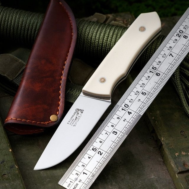 Messer mit M390 Stahl und Knochengriff in Silber und Weiß, skandinavisches Design, spiegelpoliert - Bild 1