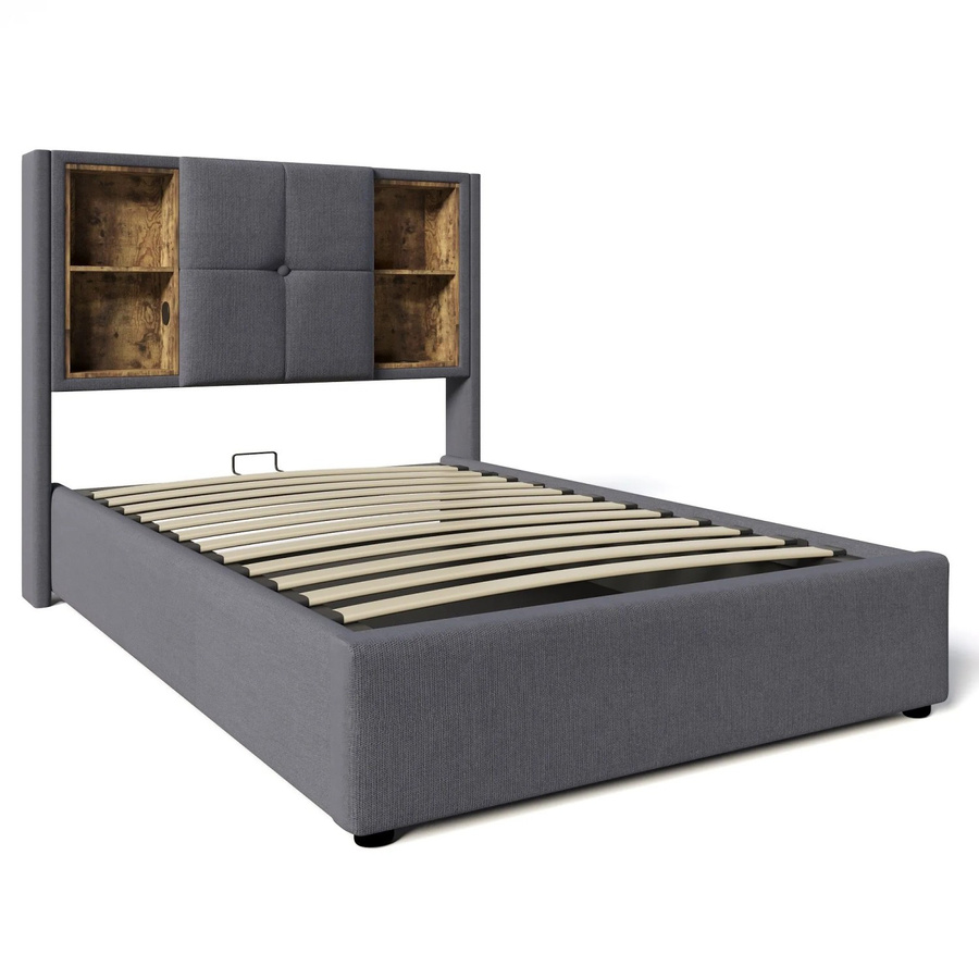 okwish Polsterbett mit Stauraum und USB-Anschluss in Grau, Leinen, B/T/H: 90 x 200 x 100,5 cm - Bild 2