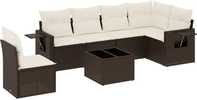 vidaXL 7-teilige Garten-Sitzgruppe in L-Form mit Kissen, Braun, Polyrattan mit Metallrahmen - Bild 1