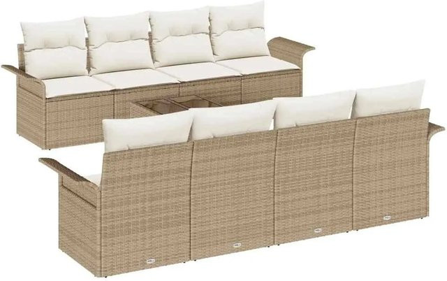vidaXL Garten-Sofa-Set 9-teilig aus Poly Rattan in Beige mit Polsterkissen und Tisch - Bild 1