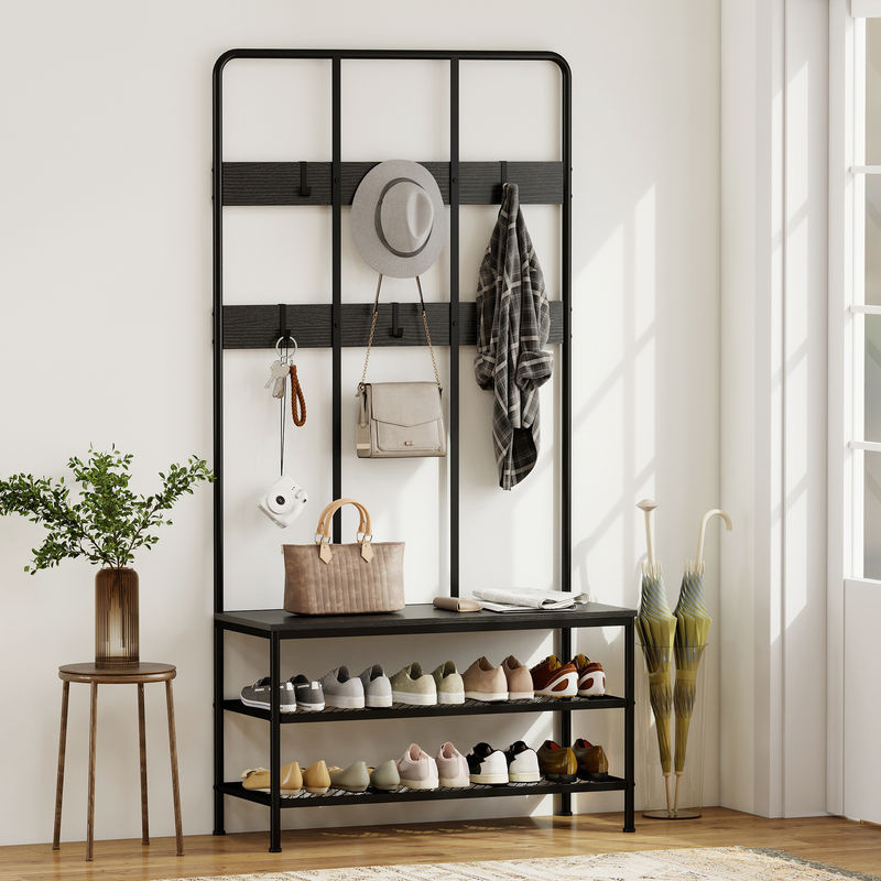 HOMCOM Garderobenständer mit Schuhbank und 6 Haken in Schwarz, Industrial Design für Flur und Eingangsbereich, B/T/H: 91 x 36 x 180 cm - Bild 2