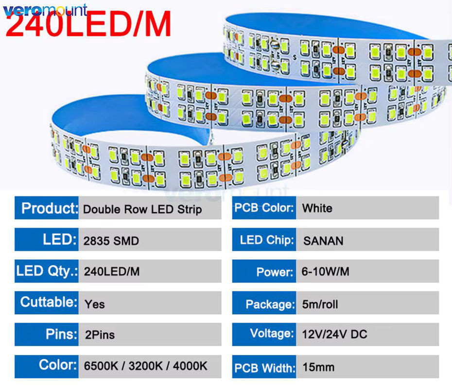 Veromount Flexibler LED-Streifen 5 m, Zweireihig, 480 LEDs/m, 4000 K Warmweiß, IP20, Nicht wasserdicht - Bild 2