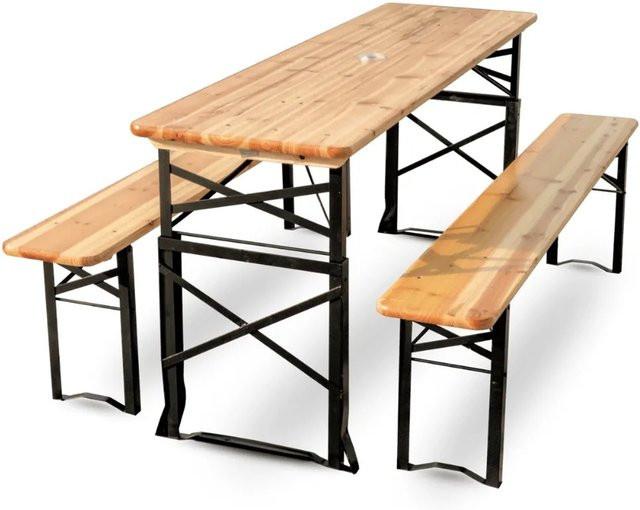 DELUKE Bierzeltgarnitur RINHO aus Holz, 3-teilig, höhenverstellbar und klappbar, Hellbraun, Breite: 170 cm - Bild 1