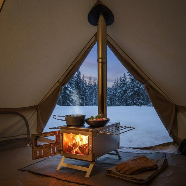 Tragbarer Edelstahl Campingofen für Outdoor-Kochen und Heizen in Schwarz und Silber mit Kaminrohren und Handschuhen - Bild 1