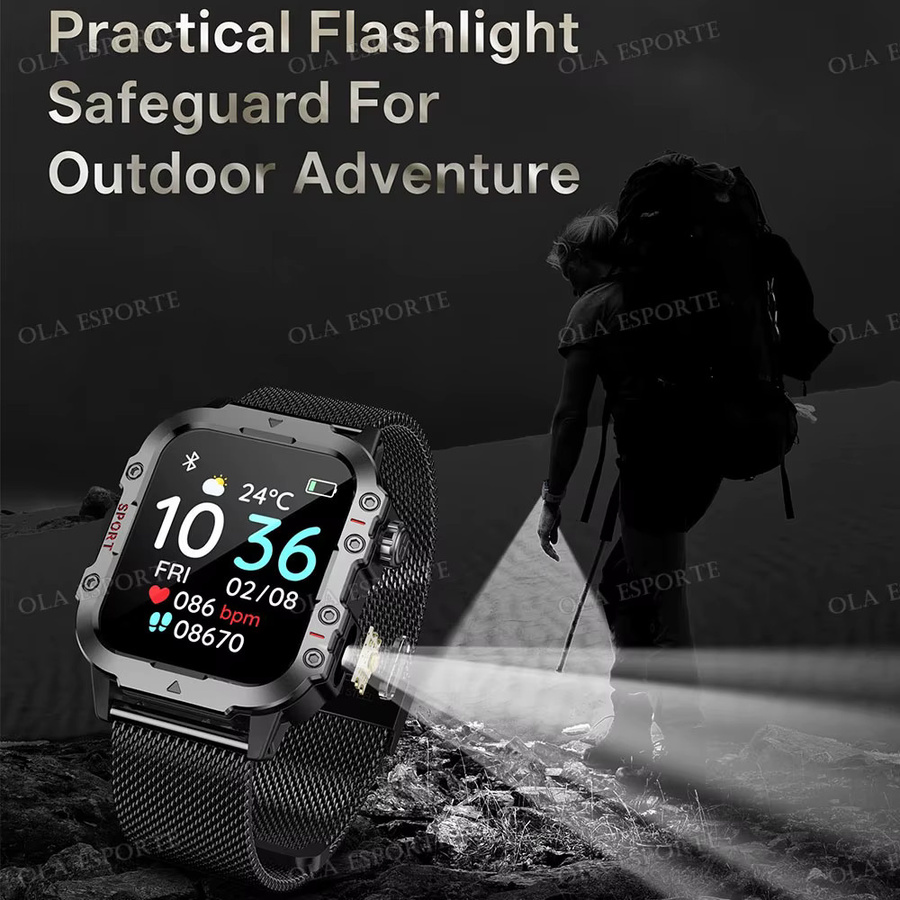 Ola Esporte Outdoor-Smartwatch mit LED-Taschenlampe, IP68 wasserdicht, Herzfrequenz- und Blutsauerstoffüberwachung, Multi-Sport-Modus, in Schwarz oder Weiß - Bild 3