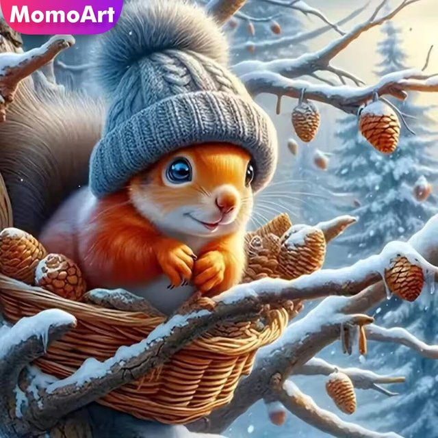 Momoart Diamond Painting Eichhörnchen Set mit runden Steinen, DIY Diamant-Mosaik Kunstbild in Multicolour zur Winter-Dekoration - Bild 1